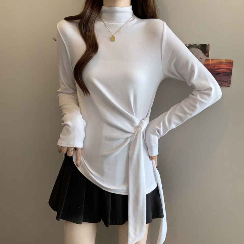 Γυναικεία T‑shirt με μακριά μανίκια, μισο-ζιβάγκο και δέσιμο, ριγέ, σε μεγάλο μέγεθος, φθινοπωρινό νέο στυλ, εφαρμοστή γραμμή, κολακεύει τη σιλουέτα, καλύπτει την κοιλιά, εξωτερικό top