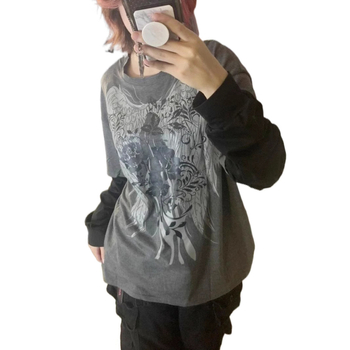 Γυναικείο φαρδύ βαμβακερό μακρυμάνικο T‑shirt, μέγεθος Ευρώπης/Αμερικής, εμφάνιση δύο τεμαχίων, street hip-hop casual βασικό ρούχο