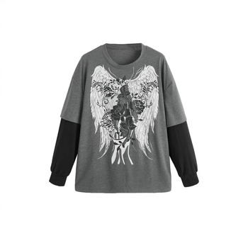 Γυναικείο φαρδύ βαμβακερό μακρυμάνικο T‑shirt, μέγεθος Ευρώπης/Αμερικής, εμφάνιση δύο τεμαχίων, street hip-hop casual βασικό ρούχο