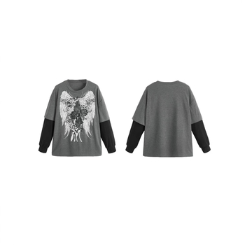 Γυναικείο φαρδύ βαμβακερό μακρυμάνικο T‑shirt, μέγεθος Ευρώπης/Αμερικής, εμφάνιση δύο τεμαχίων, street hip-hop casual βασικό ρούχο