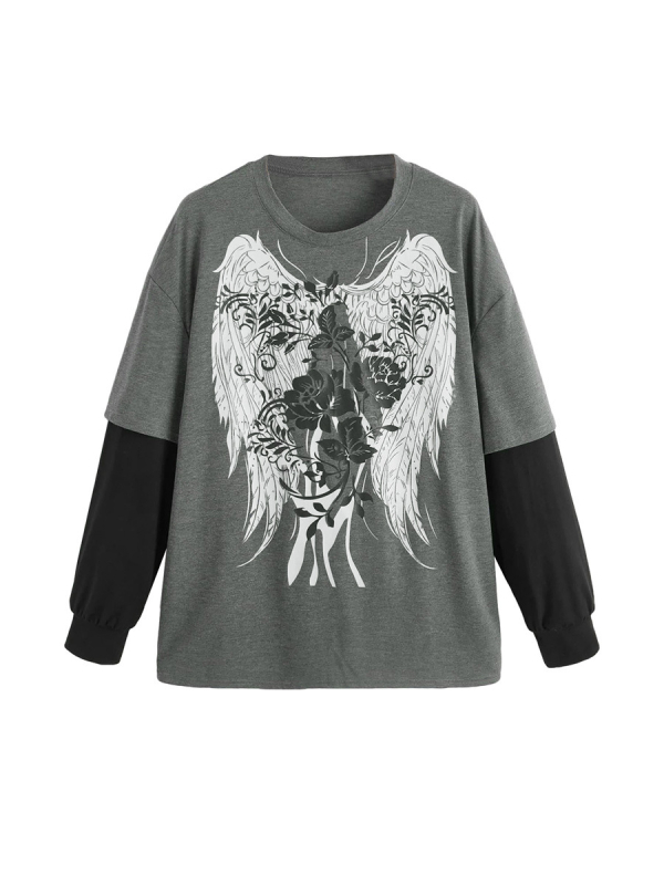 Γυναικείο φαρδύ βαμβακερό μακρυμάνικο T‑shirt, μέγεθος Ευρώπης/Αμερικής, εμφάνιση δύο τεμαχίων, street hip-hop casual βασικό ρούχο