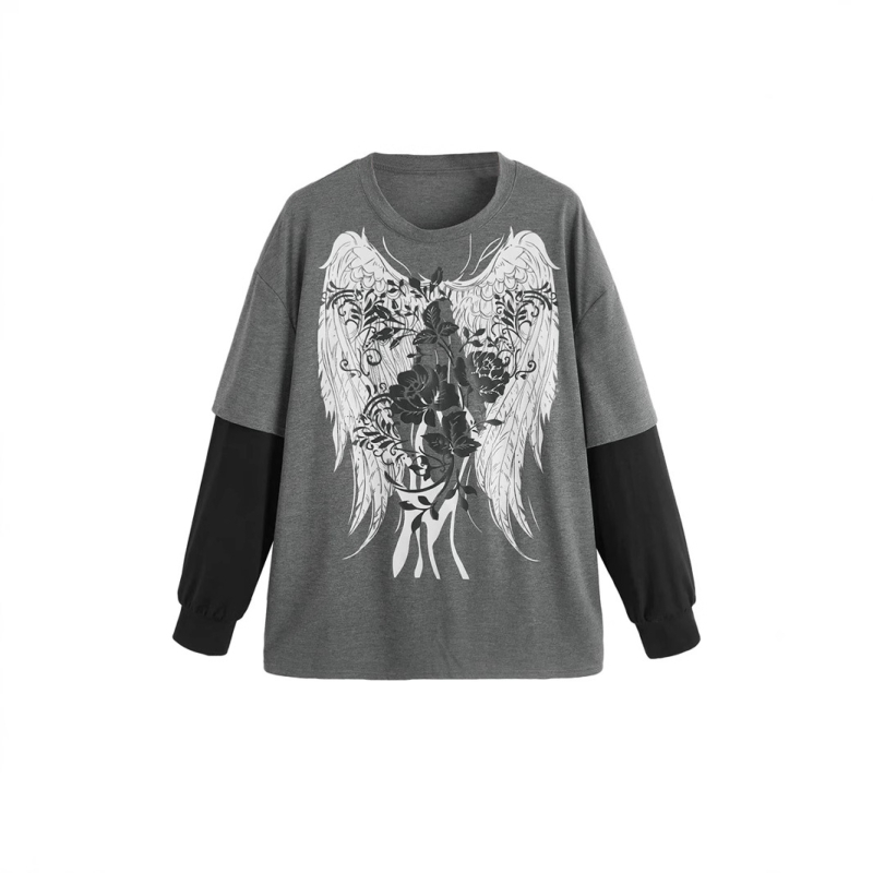 Γυναικείο φαρδύ βαμβακερό μακρυμάνικο T‑shirt, μέγεθος Ευρώπης/Αμερικής, εμφάνιση δύο τεμαχίων, street hip-hop casual βασικό ρούχο