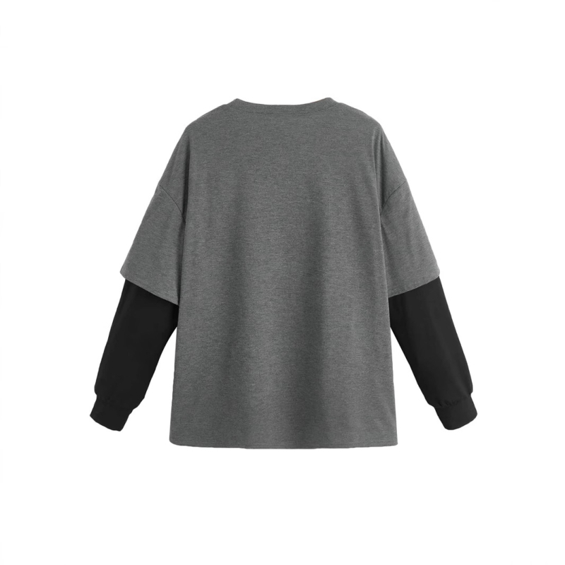 Γυναικείο φαρδύ βαμβακερό μακρυμάνικο T‑shirt, μέγεθος Ευρώπης/Αμερικής, εμφάνιση δύο τεμαχίων, street hip-hop casual βασικό ρούχο