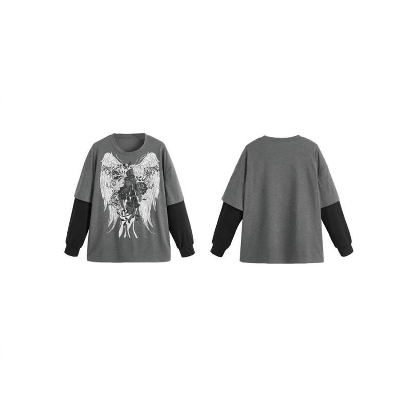 Γυναικείο φαρδύ βαμβακερό μακρυμάνικο T‑shirt, μέγεθος Ευρώπης/Αμερικής, εμφάνιση δύο τεμαχίων, street hip-hop casual βασικό ρούχο