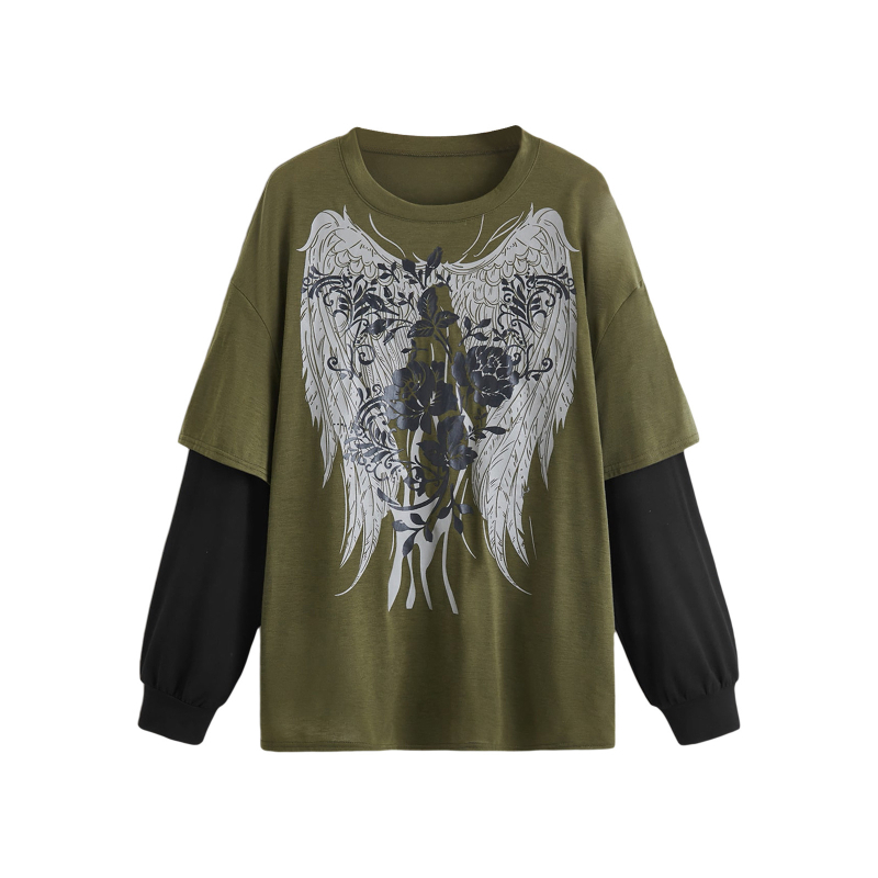 Γυναικείο φαρδύ βαμβακερό μακρυμάνικο T‑shirt, μέγεθος Ευρώπης/Αμερικής, εμφάνιση δύο τεμαχίων, street hip-hop casual βασικό ρούχο