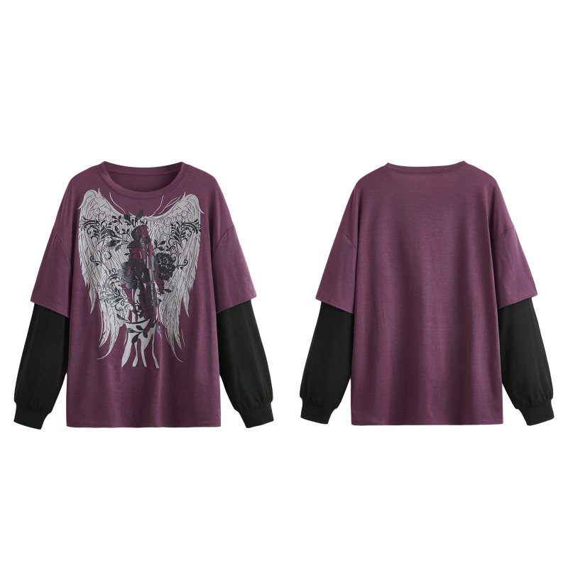 Γυναικείο φαρδύ βαμβακερό μακρυμάνικο T‑shirt, μέγεθος Ευρώπης/Αμερικής, εμφάνιση δύο τεμαχίων, street hip-hop casual βασικό ρούχο