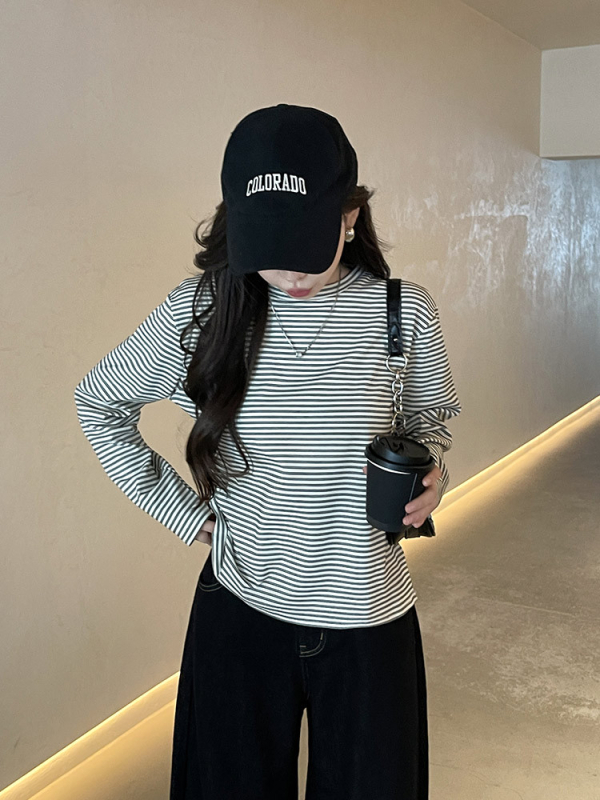 Γυναικείο μακρυμάνικο T-shirt σε γκρι-λευκές αντίθετες ρίγες, κορεατικού στυλ, χαλαρή γραμμή, στρογγυλός λαιμός για την άνοιξη
