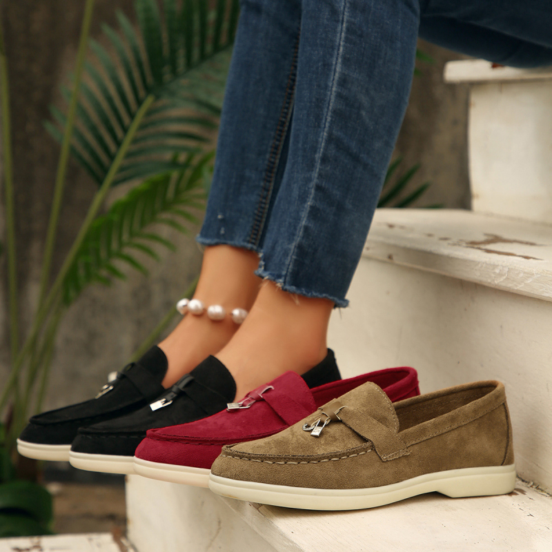 Γυναικείοι slip-on loafers σε κορεατικό στυλ, με στρογγυλή μύτη, πάνω μέρος από σουέντ, χαμηλό flat heel, καθημερινά παπούτσια