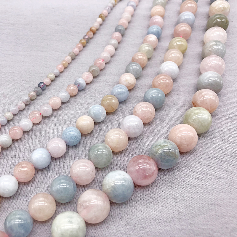 5A ακατέργαστες χάντρες Morganite σε candy χρώματα και στρογγυλές πράσινες χάντρες βηρυλλίου για χειροποίητα κοσμήματα