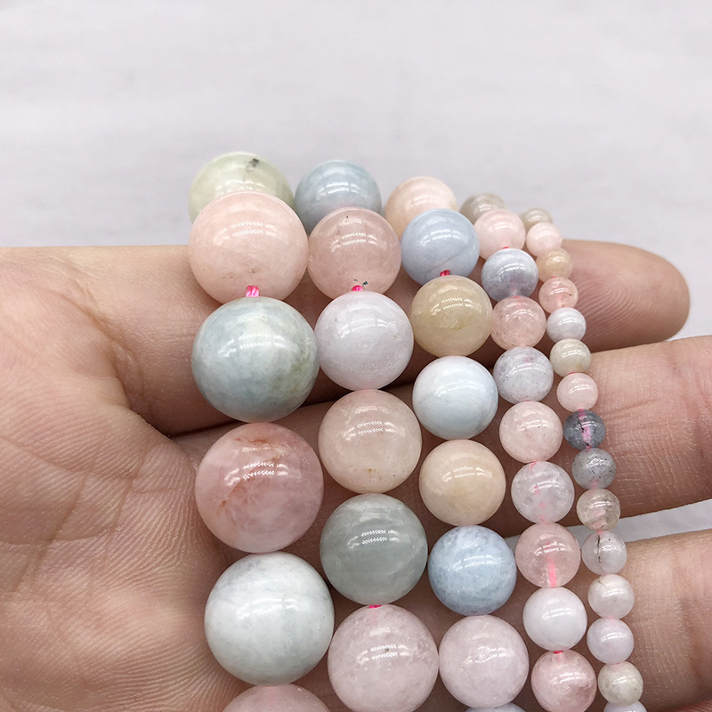 5A ακατέργαστες χάντρες Morganite σε candy χρώματα και στρογγυλές πράσινες χάντρες βηρυλλίου για χειροποίητα κοσμήματα