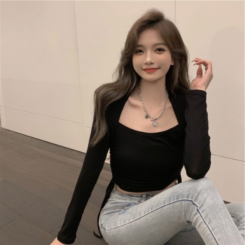 2026 Γυναικεία μπλούζα Hot Girl, ελαφρύ cropped τοπ με μακριά μανίκια, στυλ Χονγκ Κονγκ, σέξι εφαρμογή για layering
