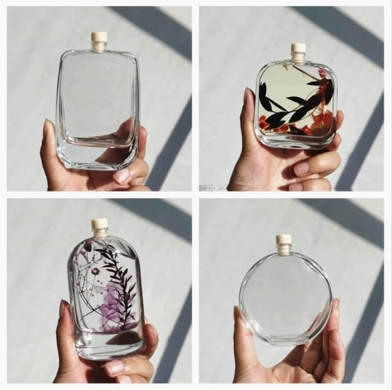 100 ml Διαφανής γυάλινη φιάλη επίπεδης τετράγωνης μορφής με μικρό στόμιο για οινοπνευματώδη, αρωματοθεραπεία, επαναγέμισμα αρωμάτων, καφέ και ποτά, κενή διακοσμητική φιάλη