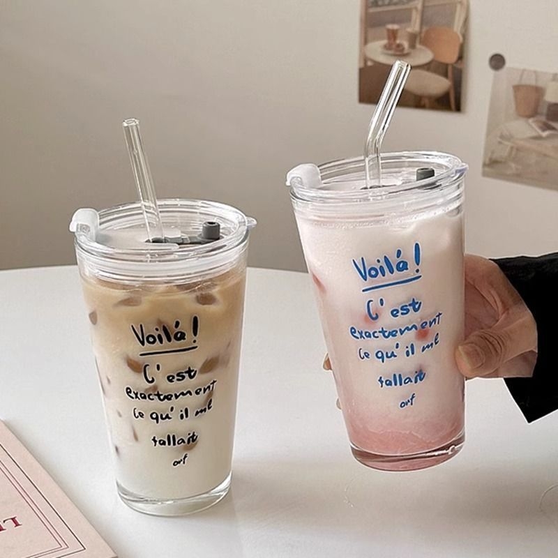 Pahar de sticlă personalizat, cu capac și pai, în stil Instagram cu litere, pentru cafea și băuturi reci, transparent