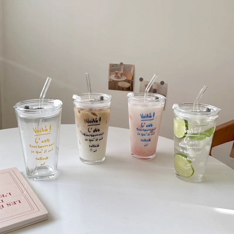 Pahar de sticlă personalizat, cu capac și pai, în stil Instagram cu litere, pentru cafea și băuturi reci, transparent