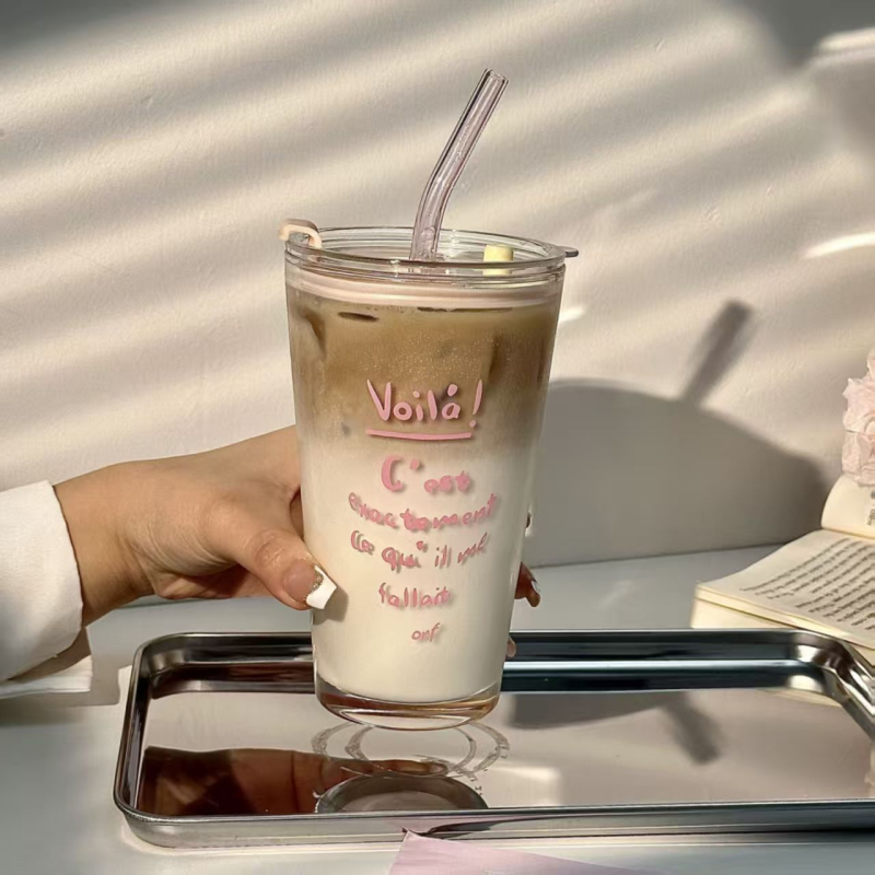 Pahar de sticlă personalizat, cu capac și pai, în stil Instagram cu litere, pentru cafea și băuturi reci, transparent