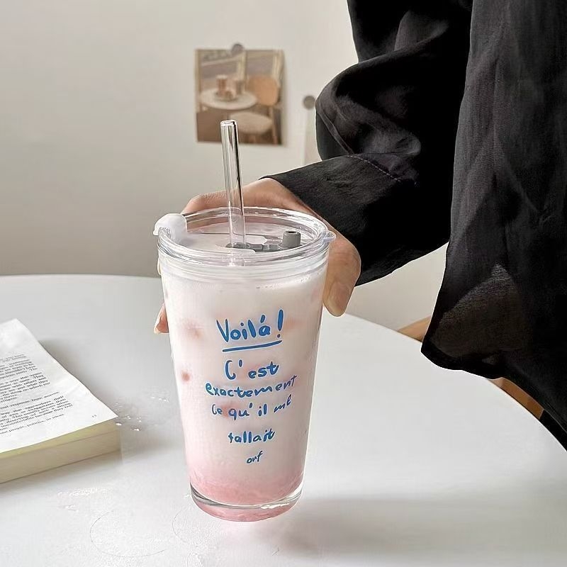 Pahar de sticlă personalizat, cu capac și pai, în stil Instagram cu litere, pentru cafea și băuturi reci, transparent