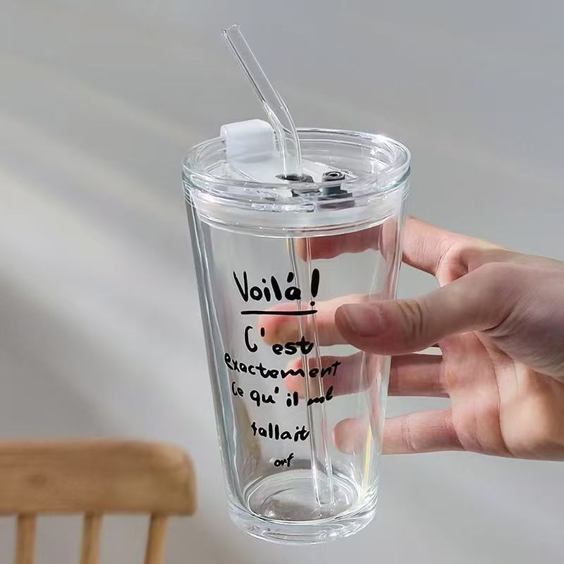 Pahar de sticlă personalizat, cu capac și pai, în stil Instagram cu litere, pentru cafea și băuturi reci, transparent