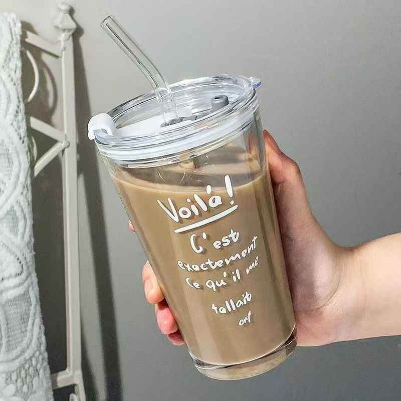 Pahar de sticlă personalizat, cu capac și pai, în stil Instagram cu litere, pentru cafea și băuturi reci, transparent