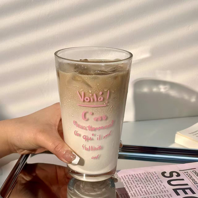Pahar de sticlă personalizat, cu capac și pai, în stil Instagram cu litere, pentru cafea și băuturi reci, transparent