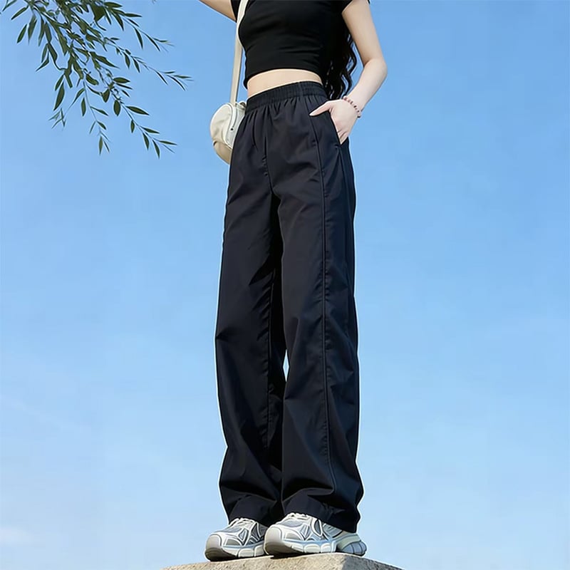 Ναυτικό μπλε γυναικείες παντελόνες wide-leg, σε αμερικανικό στυλ, γρήγορο στέγνωμα, ψηλή μέση, ελαστικό ύφασμα ice-silk για καλοκαίρι