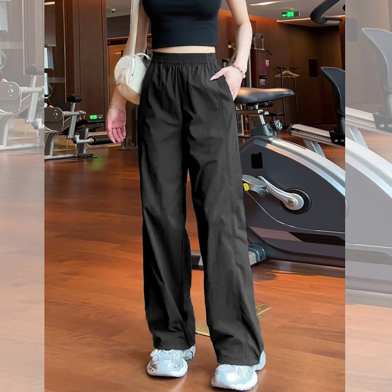 Ναυτικό μπλε γυναικείες παντελόνες wide-leg, σε αμερικανικό στυλ, γρήγορο στέγνωμα, ψηλή μέση, ελαστικό ύφασμα ice-silk για καλοκαίρι