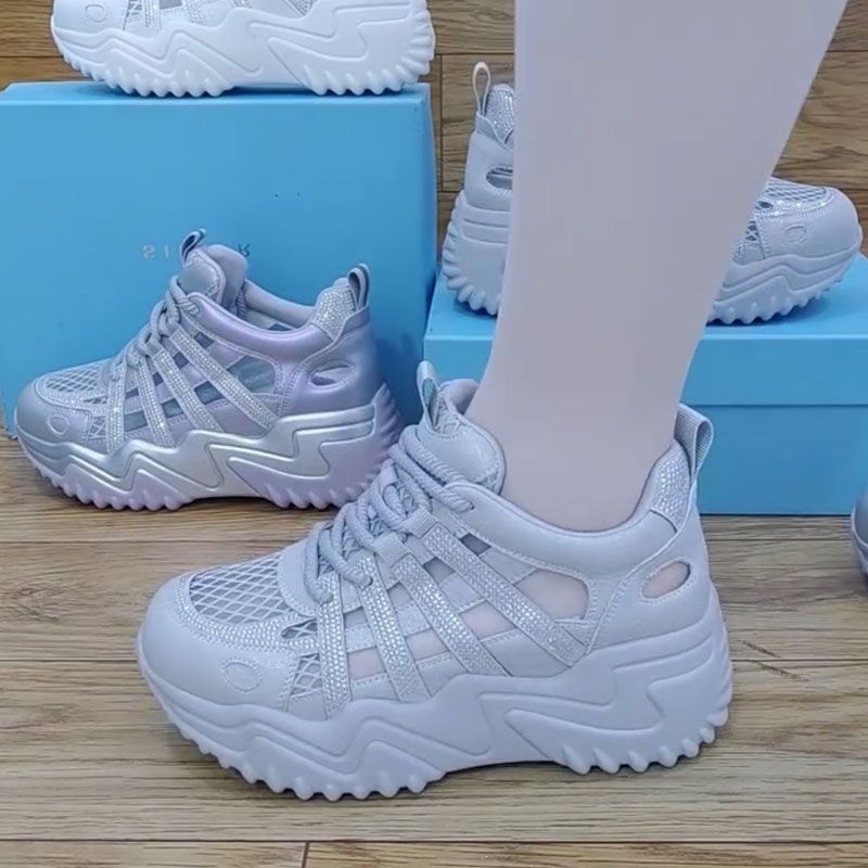 Γυναικεία αναπνεύσιμα sneakers με στρας, διάτρητη παχιά σόλα, κορδόνια, casual αθλητικά σανδάλια