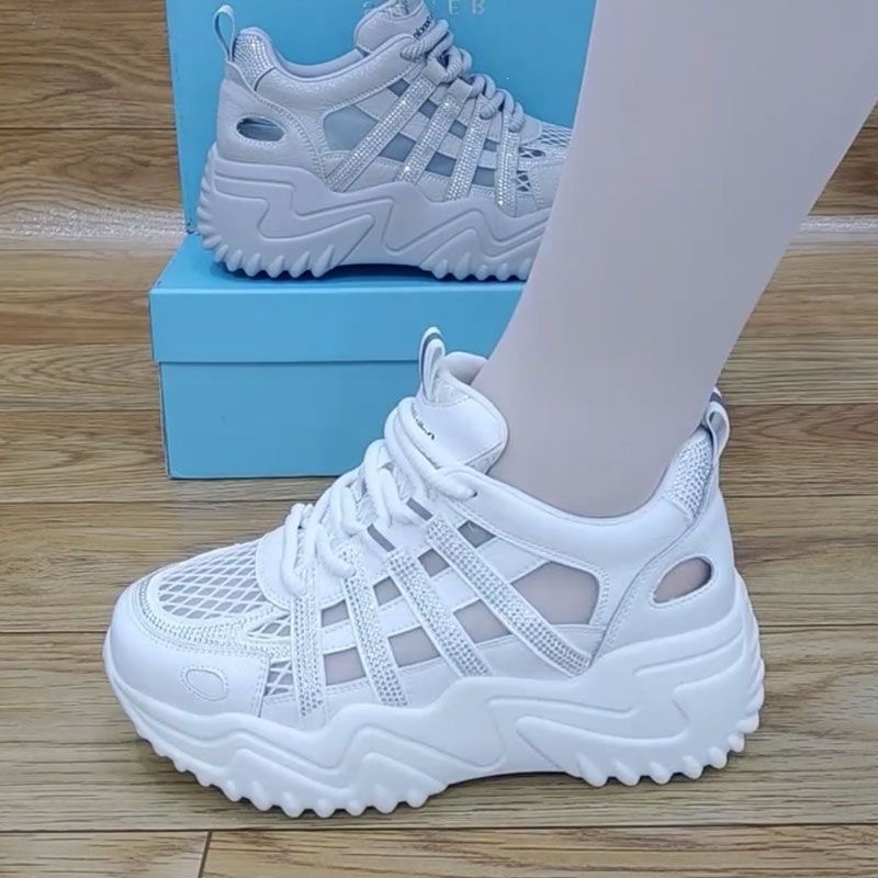 Γυναικεία αναπνεύσιμα sneakers με στρας, διάτρητη παχιά σόλα, κορδόνια, casual αθλητικά σανδάλια