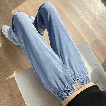 Γυναικείοι τζιν από Tencel denim για καλοκαίρι – ελαφριά, κορεατικό στυλ, ψηλή μέση, ίσια γραμμή, ύφασμα ice silk, υψηλή ελαστικότητα, casual παντελόνια