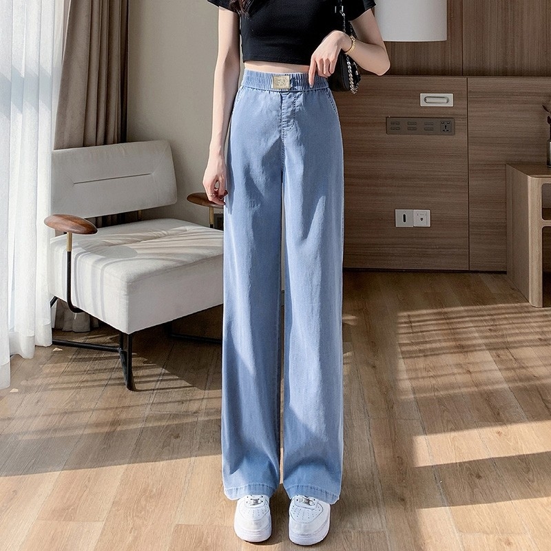 Γυναικείοι τζιν από Tencel denim για καλοκαίρι – ελαφριά, κορεατικό στυλ, ψηλή μέση, ίσια γραμμή, ύφασμα ice silk, υψηλή ελαστικότητα, casual παντελόνια