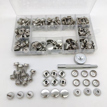 50 de seturi de instrumente pentru montaj pentru 15 mm nasturi metalice argintii din cupru, șuruburi din oțel inoxidabil și nasturi mari albi
