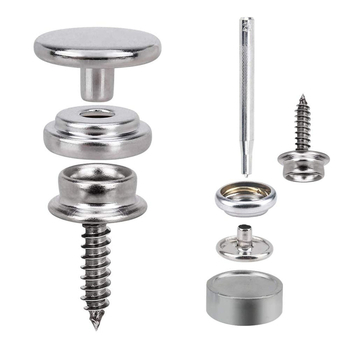 50 de seturi de instrumente pentru montaj pentru 15 mm nasturi metalice argintii din cupru, șuruburi din oțel inoxidabil și nasturi mari albi