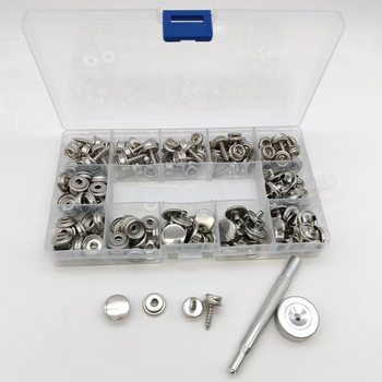 50 de seturi de instrumente pentru montaj pentru 15 mm nasturi metalice argintii din cupru, șuruburi din oțel inoxidabil și nasturi mari albi