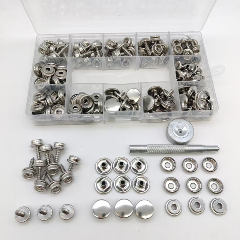 50 de seturi de instrumente pentru montaj pentru 15 mm nasturi metalice argintii din cupru, șuruburi din oțel inoxidabil și nasturi mari albi