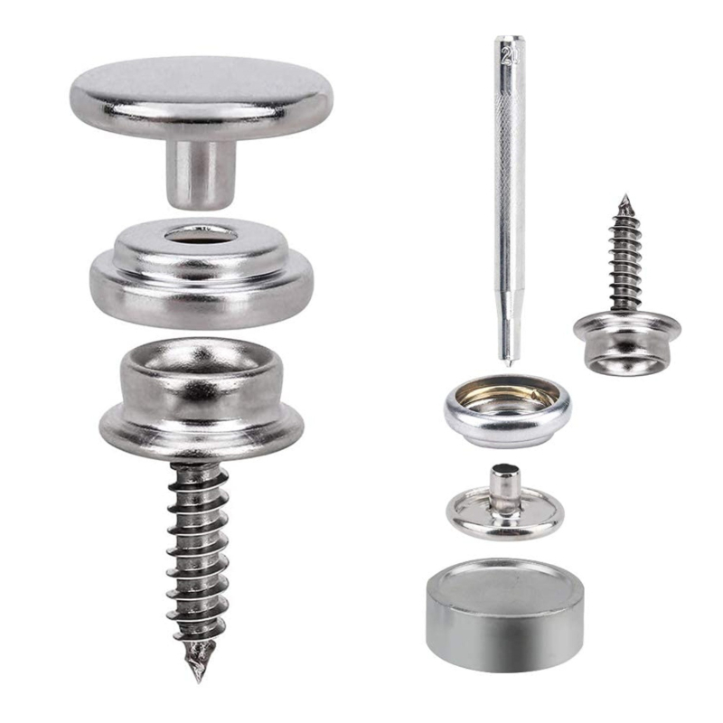 50 de seturi de instrumente pentru montaj pentru 15 mm nasturi metalice argintii din cupru, șuruburi din oțel inoxidabil și nasturi mari albi