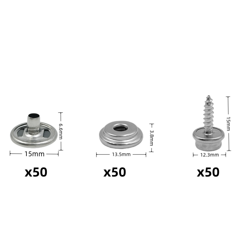 50 de seturi de instrumente pentru montaj pentru 15 mm nasturi metalice argintii din cupru, șuruburi din oțel inoxidabil și nasturi mari albi