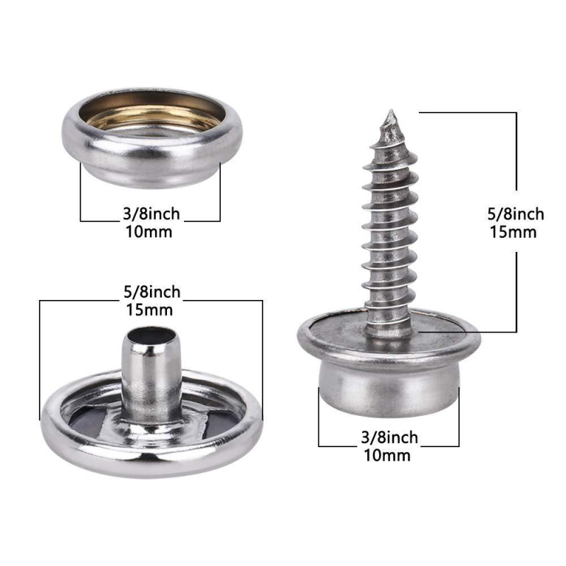 50 de seturi de instrumente pentru montaj pentru 15 mm nasturi metalice argintii din cupru, șuruburi din oțel inoxidabil și nasturi mari albi