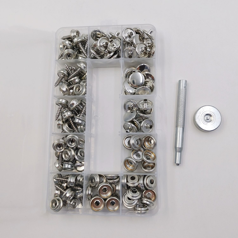 50 de seturi de instrumente pentru montaj pentru 15 mm nasturi metalice argintii din cupru, șuruburi din oțel inoxidabil și nasturi mari albi