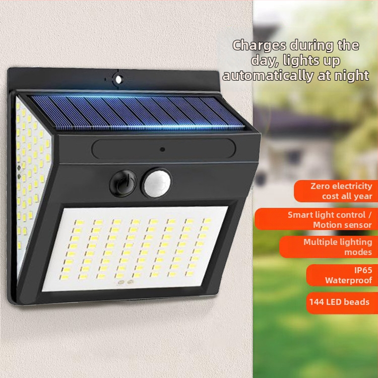 Vonkajšie solárne nástenné svietidlo s trojstranným osvetlením, vodeodolné IP65, 144 LED diód, energeticky úsporná LED žiarovka