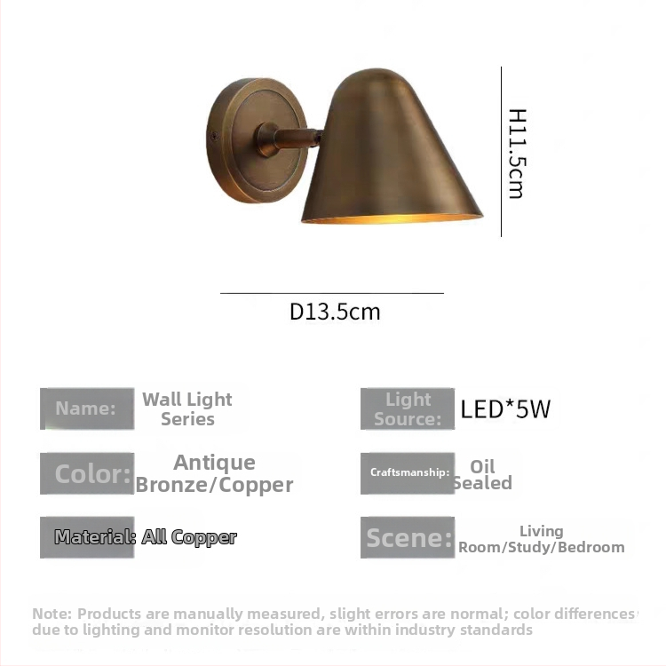 Malá nástenná lampa American Retro s medeným povrchom, povrchová úprava v starom bronze, LED, ovládanie vypínačom
