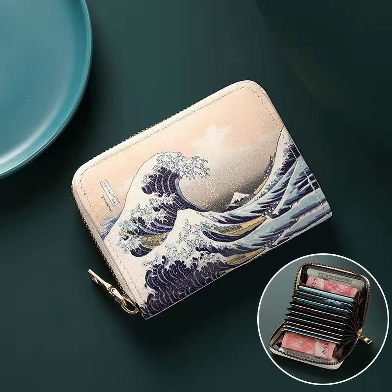 Καρτοθήκη Ukiyo-e Art υψηλής ποιότητας, unisex, με μεγάλο χώρο, πολλαπλές θήκες για κάρτες, θήκη για άδεια οδήγησης και πορτοφόλι νομισμάτων, διάταξη τοπίου