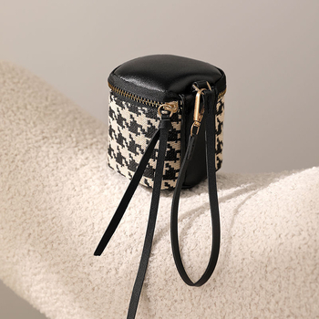 Clutch από μαλακό δέρμα με σχέδιο Houndstooth, μίνι πορτοφόλι με φερμουάρ για νομίσματα, μικρή τσάντα χειρός με σχέδιο bucket-mouth
