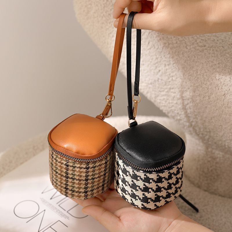 Clutch από μαλακό δέρμα με σχέδιο Houndstooth, μίνι πορτοφόλι με φερμουάρ για νομίσματα, μικρή τσάντα χειρός με σχέδιο bucket-mouth
