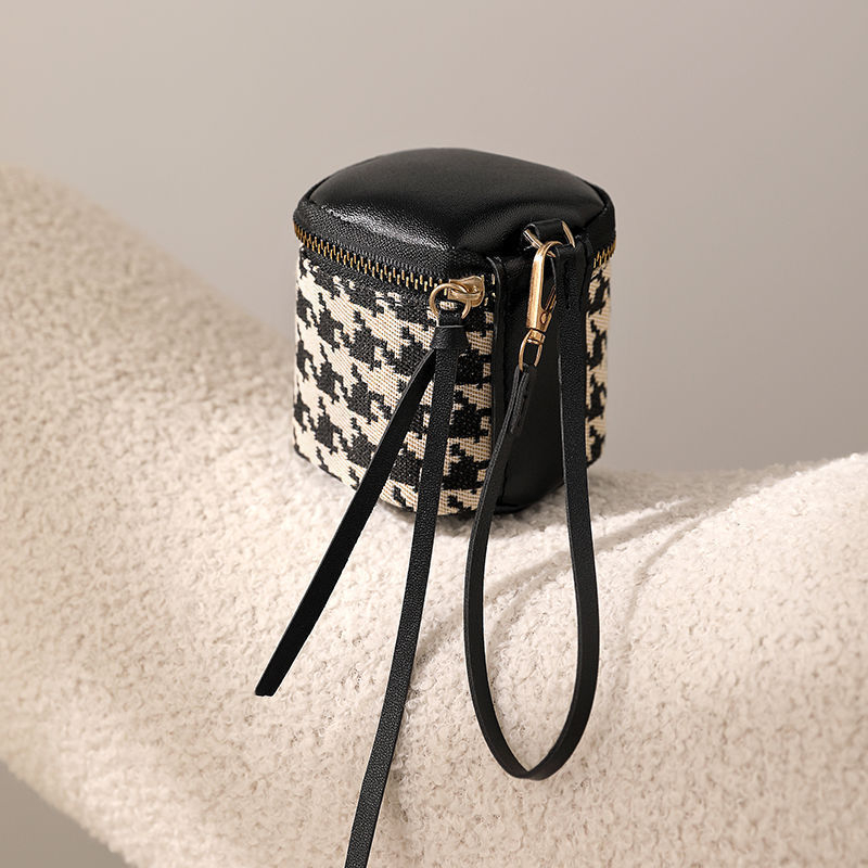 Clutch από μαλακό δέρμα με σχέδιο Houndstooth, μίνι πορτοφόλι με φερμουάρ για νομίσματα, μικρή τσάντα χειρός με σχέδιο bucket-mouth