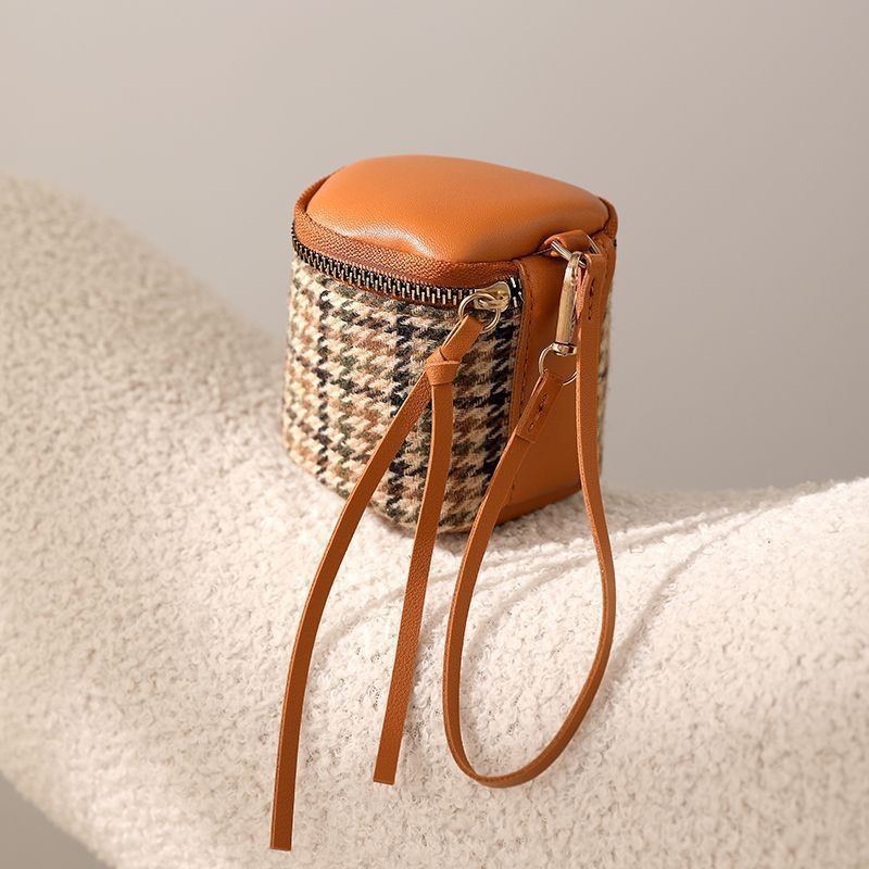 Clutch από μαλακό δέρμα με σχέδιο Houndstooth, μίνι πορτοφόλι με φερμουάρ για νομίσματα, μικρή τσάντα χειρός με σχέδιο bucket-mouth