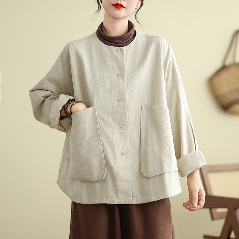 Γυναικείο ριτρό πουκάμισο-ζακέτα από βαμβάκι-ίνες, μακριά μανίκια, φαρδιά γραμμή, άνοιξη 2026