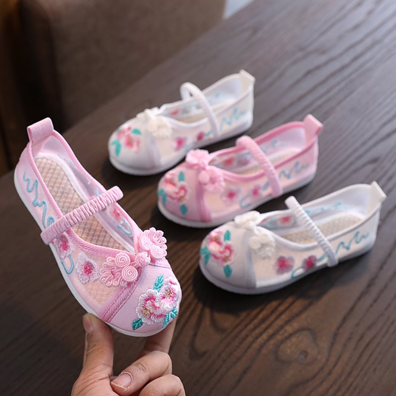 Pantofi de copii din plasă, cu broderie florală, în stil chinezesc, încălțăminte de vară ușoară pentru fete