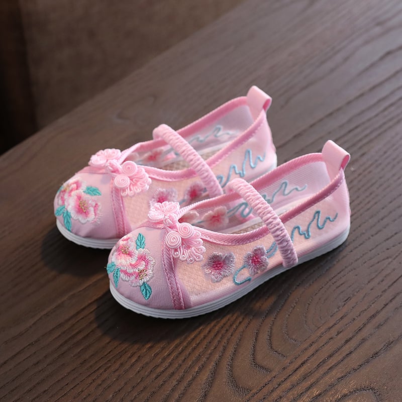 Pantofi de copii din plasă, cu broderie florală, în stil chinezesc, încălțăminte de vară ușoară pentru fete