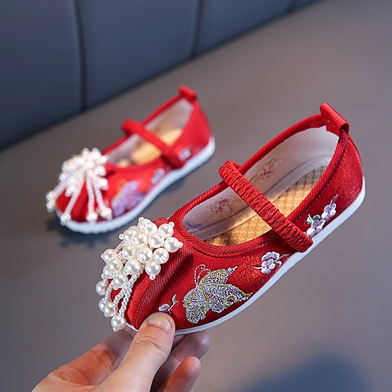 Pantofi pentru fete cu mărgele de jad și broderie, stil etnic, inspirați de îmbrăcăminte tradițională chinezească, pantofi din țesătură pentru reprezentații