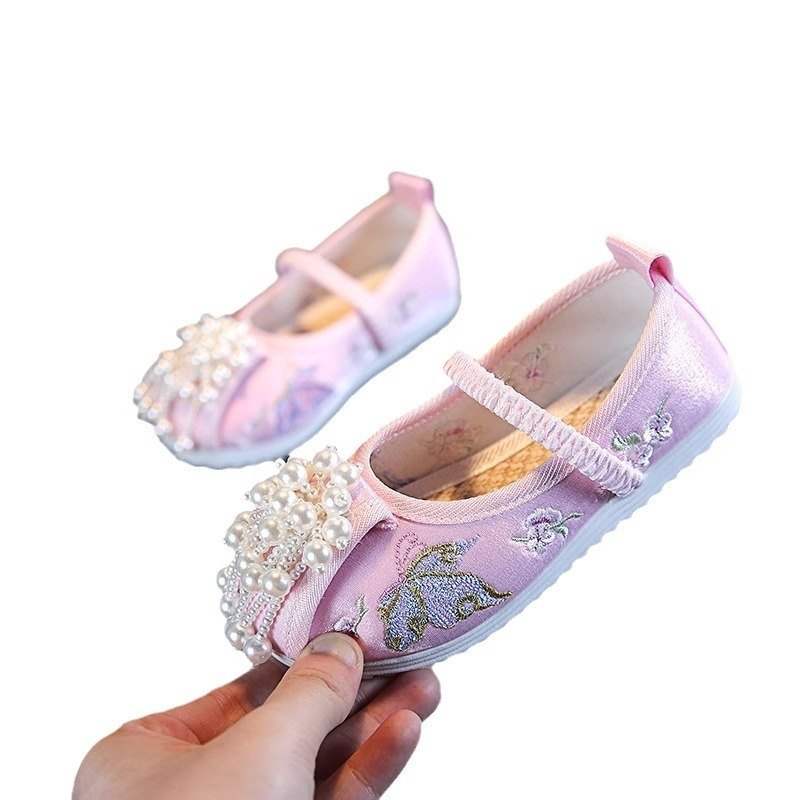 Pantofi pentru fete cu mărgele de jad și broderie, stil etnic, inspirați de îmbrăcăminte tradițională chinezească, pantofi din țesătură pentru reprezentații
