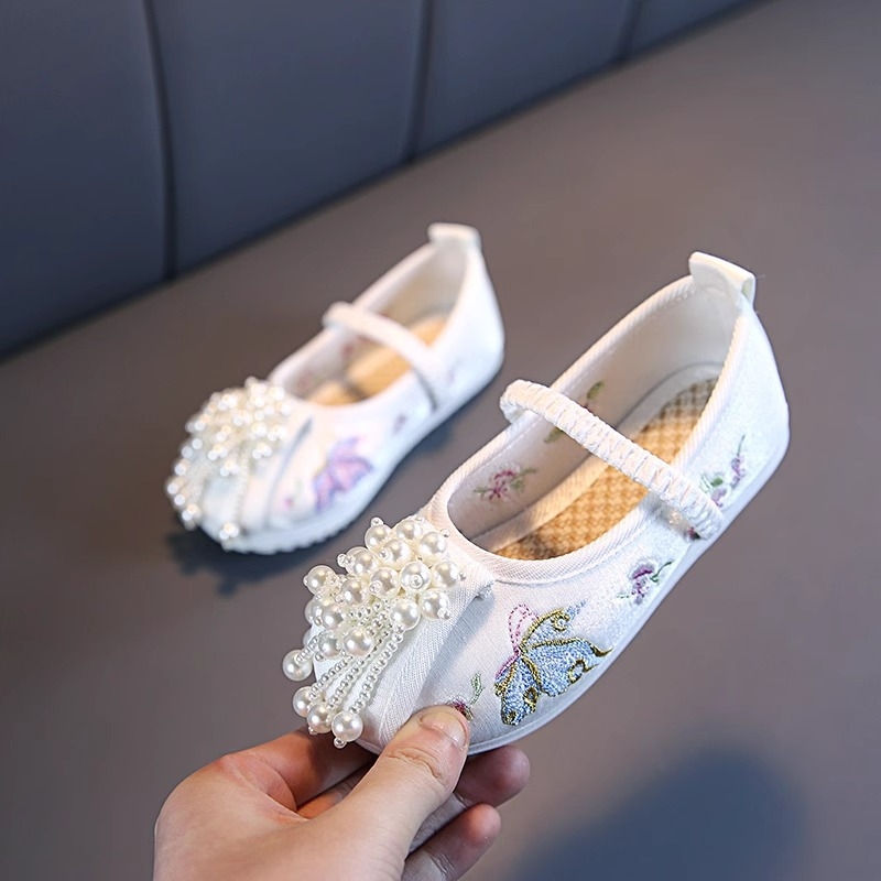 Pantofi pentru fete cu mărgele de jad și broderie, stil etnic, inspirați de îmbrăcăminte tradițională chinezească, pantofi din țesătură pentru reprezentații